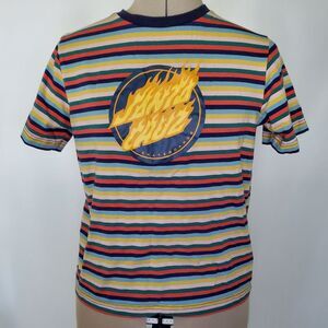 Santa Cruz Women's T-Shirt Small Red Yellow Blue Striped Skateboard Short Sleeve